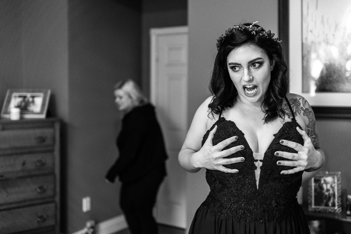 Black and white image of the bride giving halloween expressions