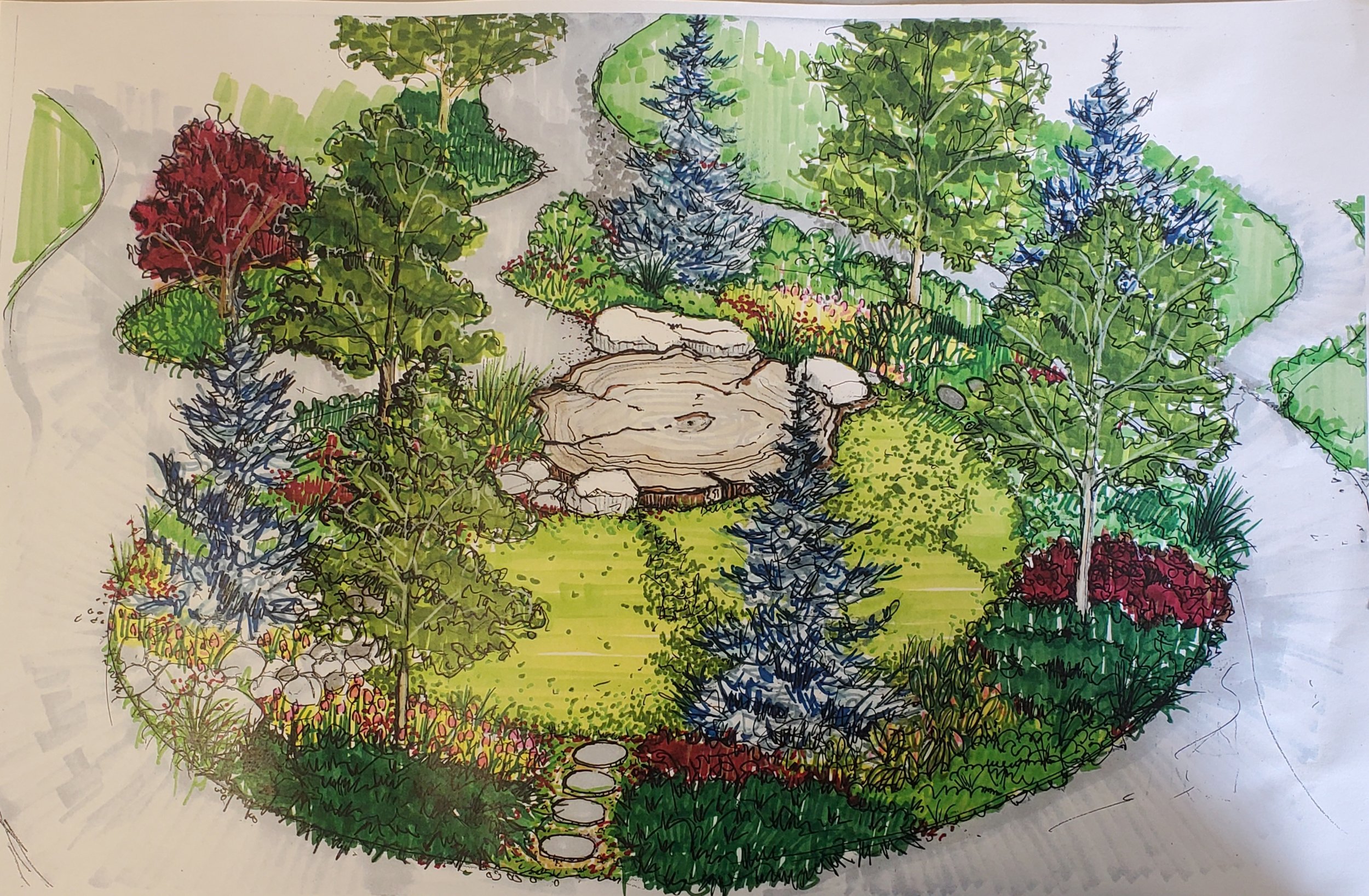 Rendering of our garden plan, showing a new Tree Ring Patio with rock benches and examples of how plantings may look. 