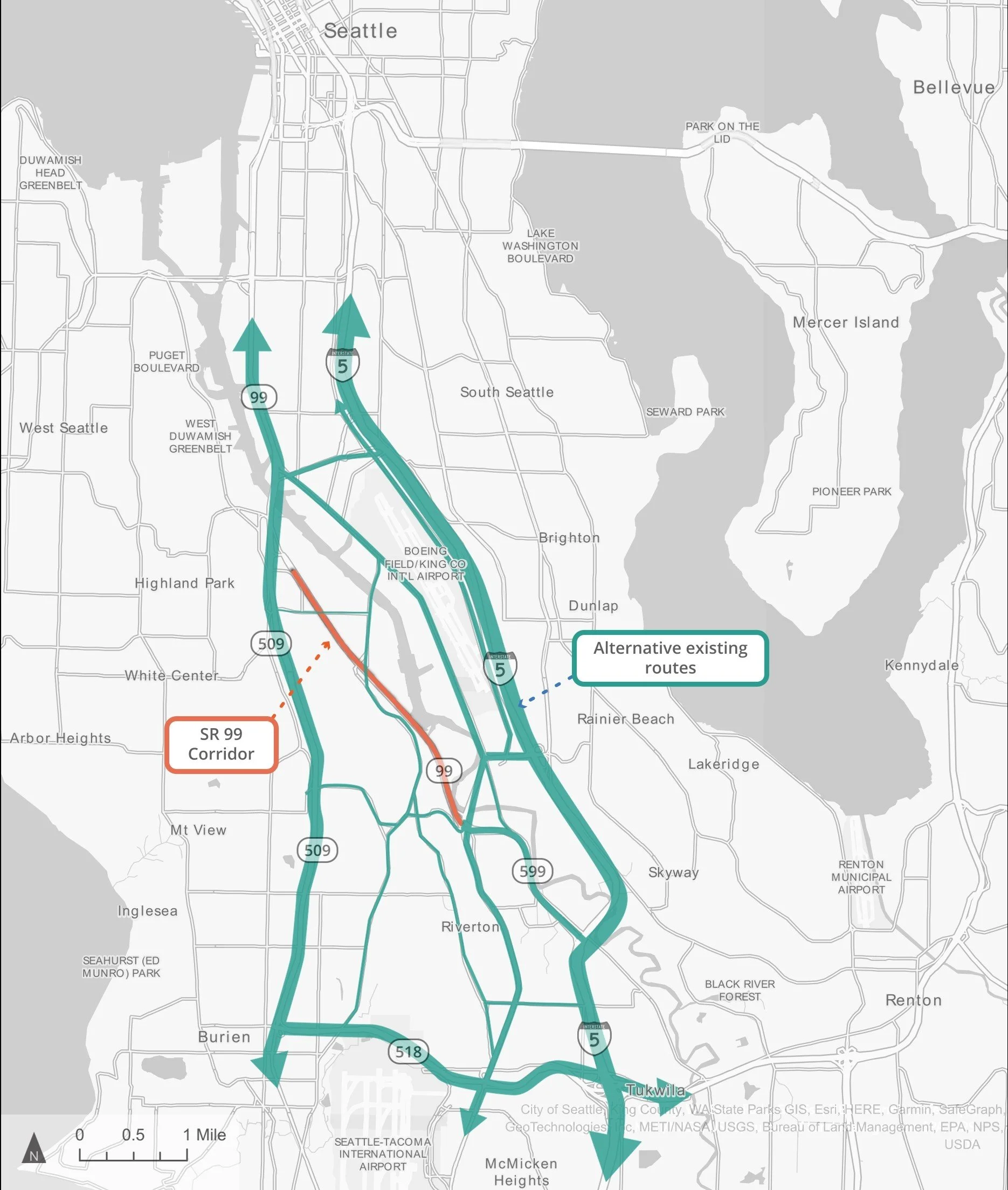 Roadways map of the Seattle Region to Burien WA showing alternative highway routes and the SR-99 corridor