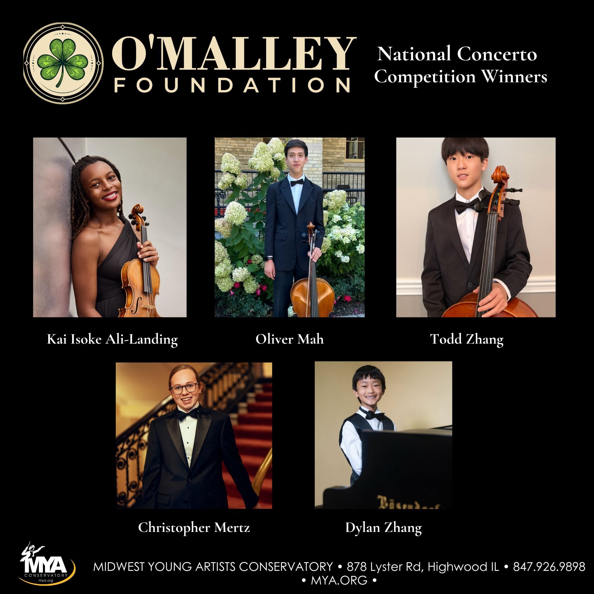 headshots of five young musicians wearing concert formal and smiling with their instruments