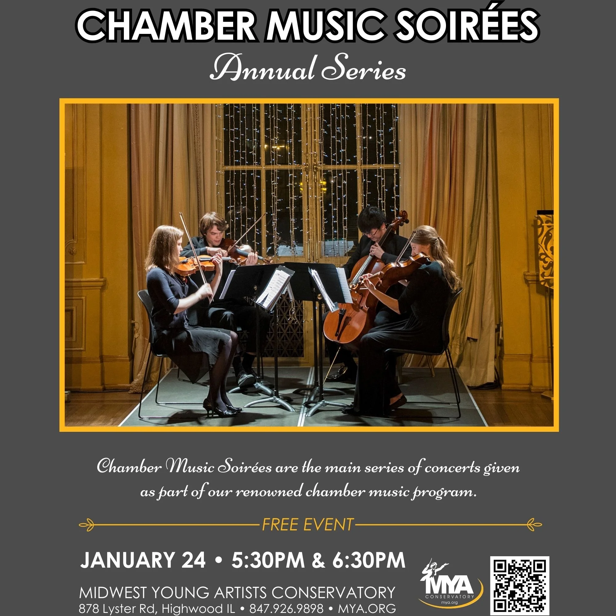 4 young musicians perform in a chamber hall in Chicago. Instruments include two violins, one viola, and one cello 