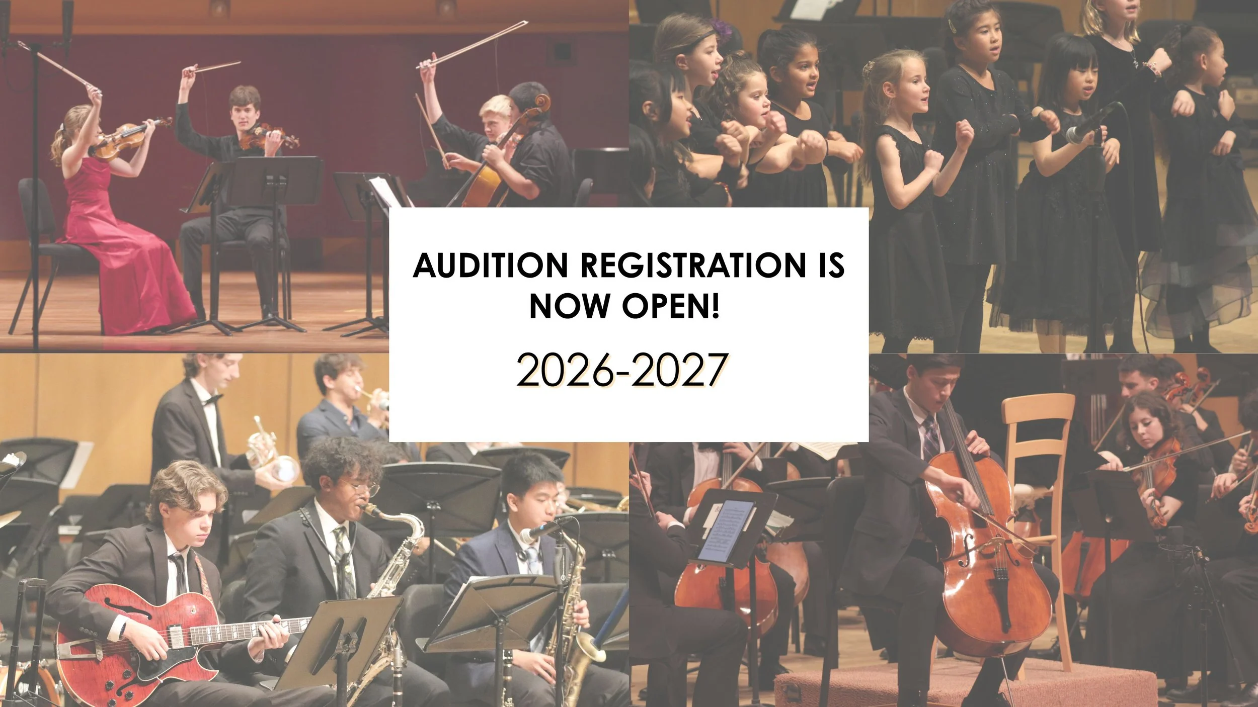 Poster for an orchestra audition registration event for 2026-2027, featuring images of children and young adults performing with various musical instruments.