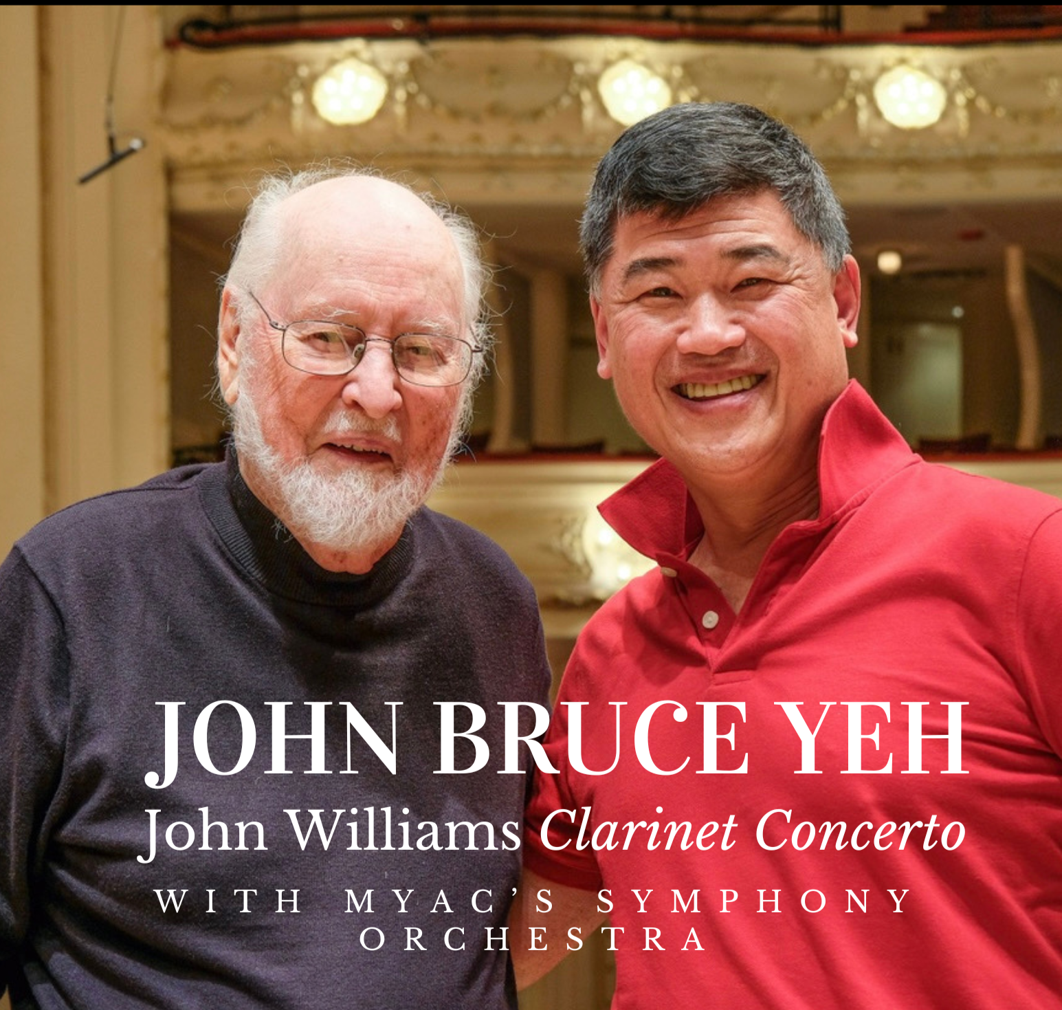 Concert program cover for 'Young Love II' featuring Berlioz's Symphonie Fantastique Op. 14, John Williams' Clarinet Concerto, with a soloist John Bruce Yeh of the Chicago Symphony Orchestra. The cover has a portrait of John Bruce Yeh holding a clarinet, and a gold illustration of a clarinet on the bottom left.