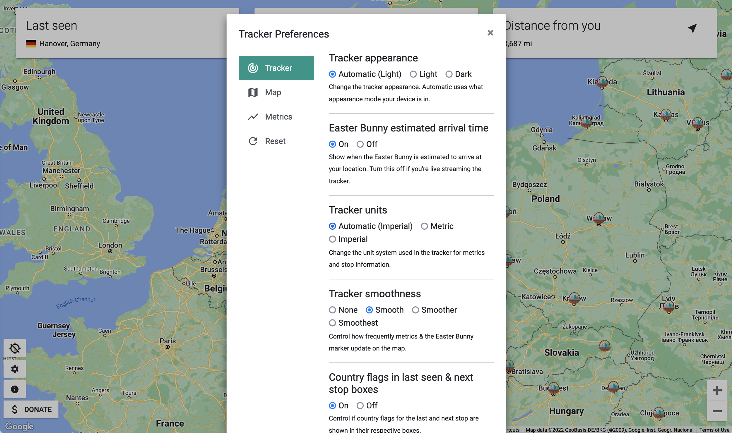 One of the flagship features of track.easterbunny.cc is the extensive customization. This is unheard of in any tracker, and users can basically change anything they want in the tracker to make their own experience. The settings window has four tabs