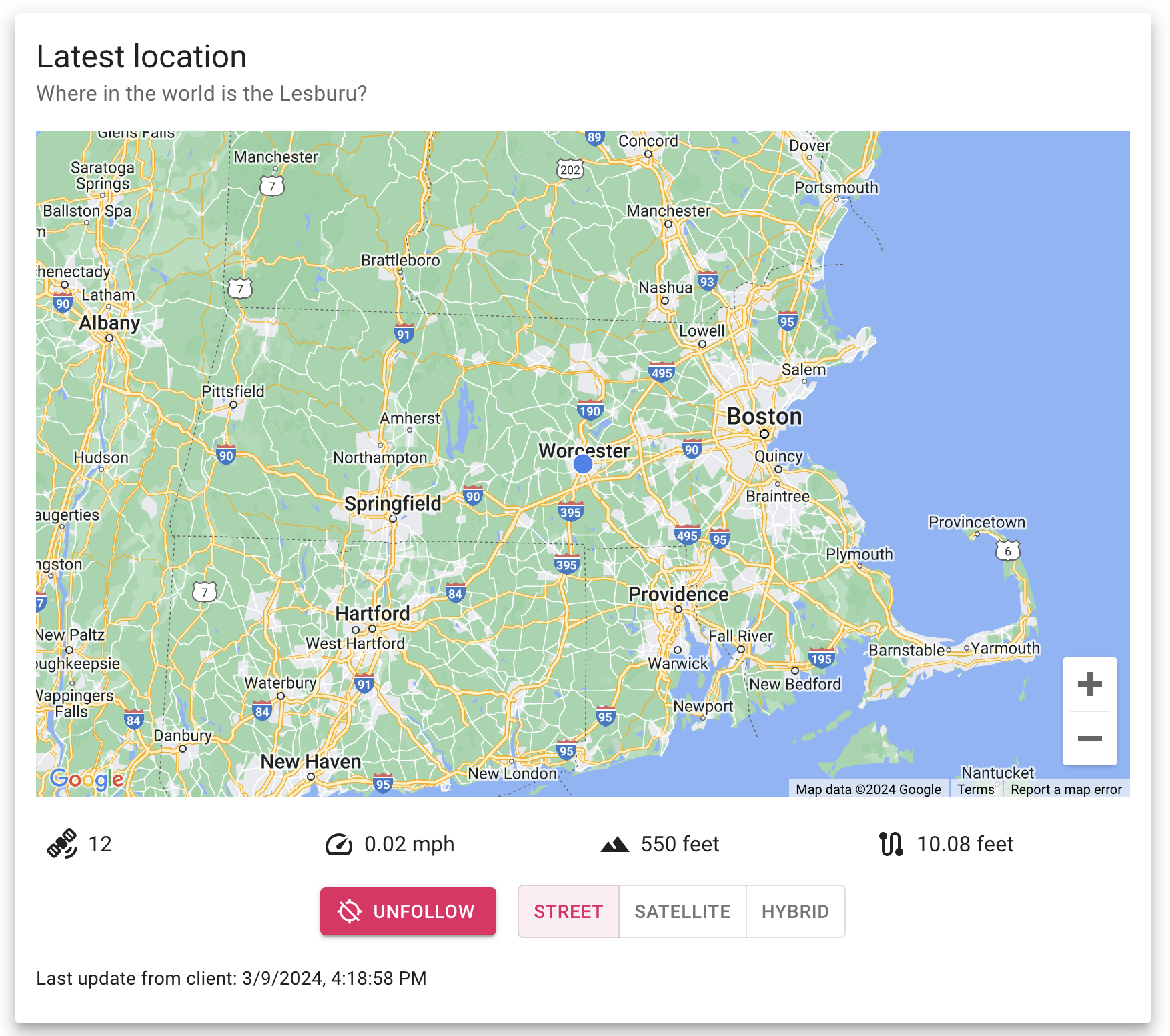 Let's start the tour of the Lesburu Analytics homepage. The first thing you see is, when the Subaru is on, the live location of the car. Live tracking of the Subaru was one of the first things I wanted to implement in this project, and the architec