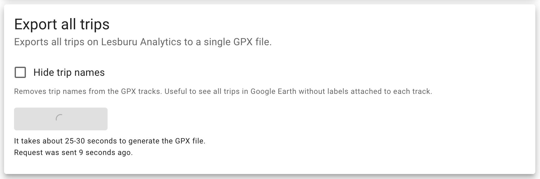 Since gathering 117,000 traces from the database and assembling them into a GPX file takes a little while (especially on my VPS which is definitely not the most powerful thing), I added a timer for how long ago the request was sent along with how lo