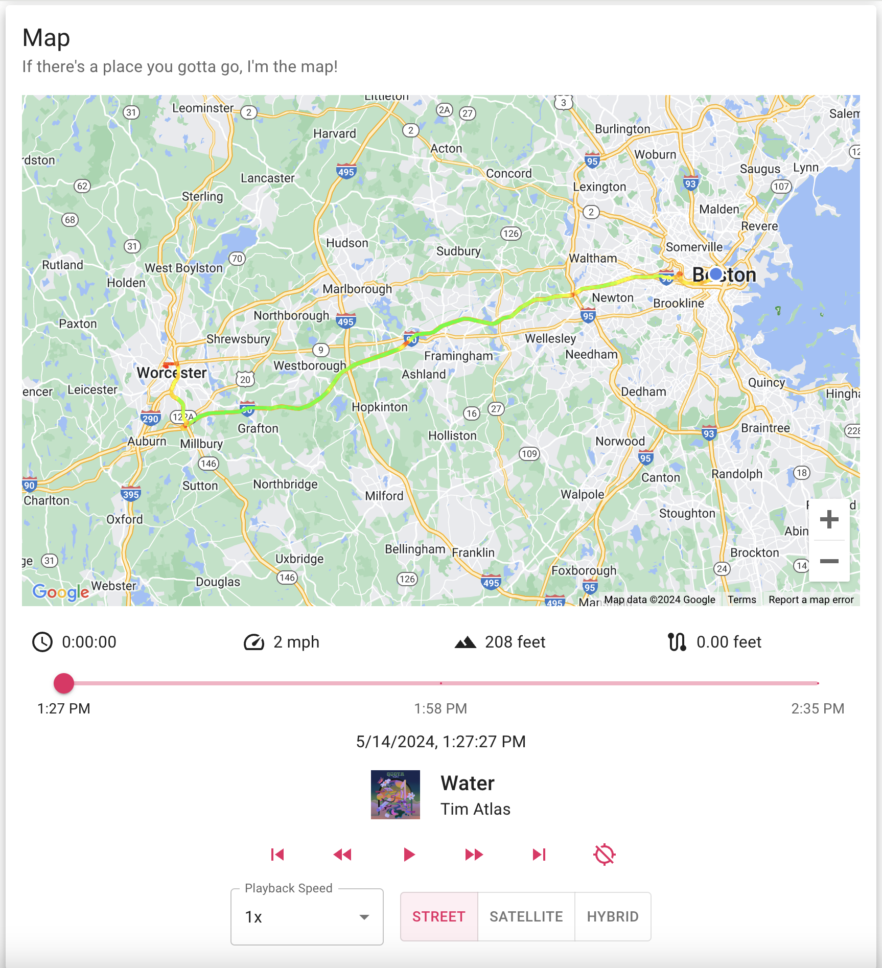 And now here's the Map box. This is really the superstar of Lesburu Analytics - let's unpack everything. Up first is the actual map, showing the trace of the trip. The location of the Subaru is depicted by a puck, or when in motion, an arrow showin