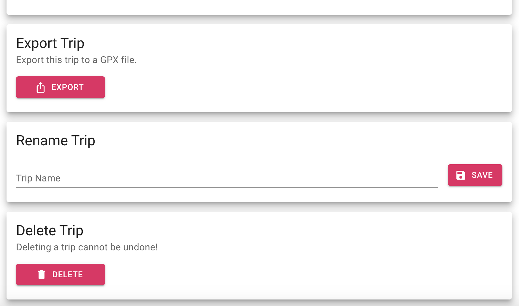 Right below that are three administrative boxes that do exactly what they say - so I'll go over them quickly. Up first is the Export Trip function - very similar to the one on the homepage but it just does it for the specific trip. Below that is R