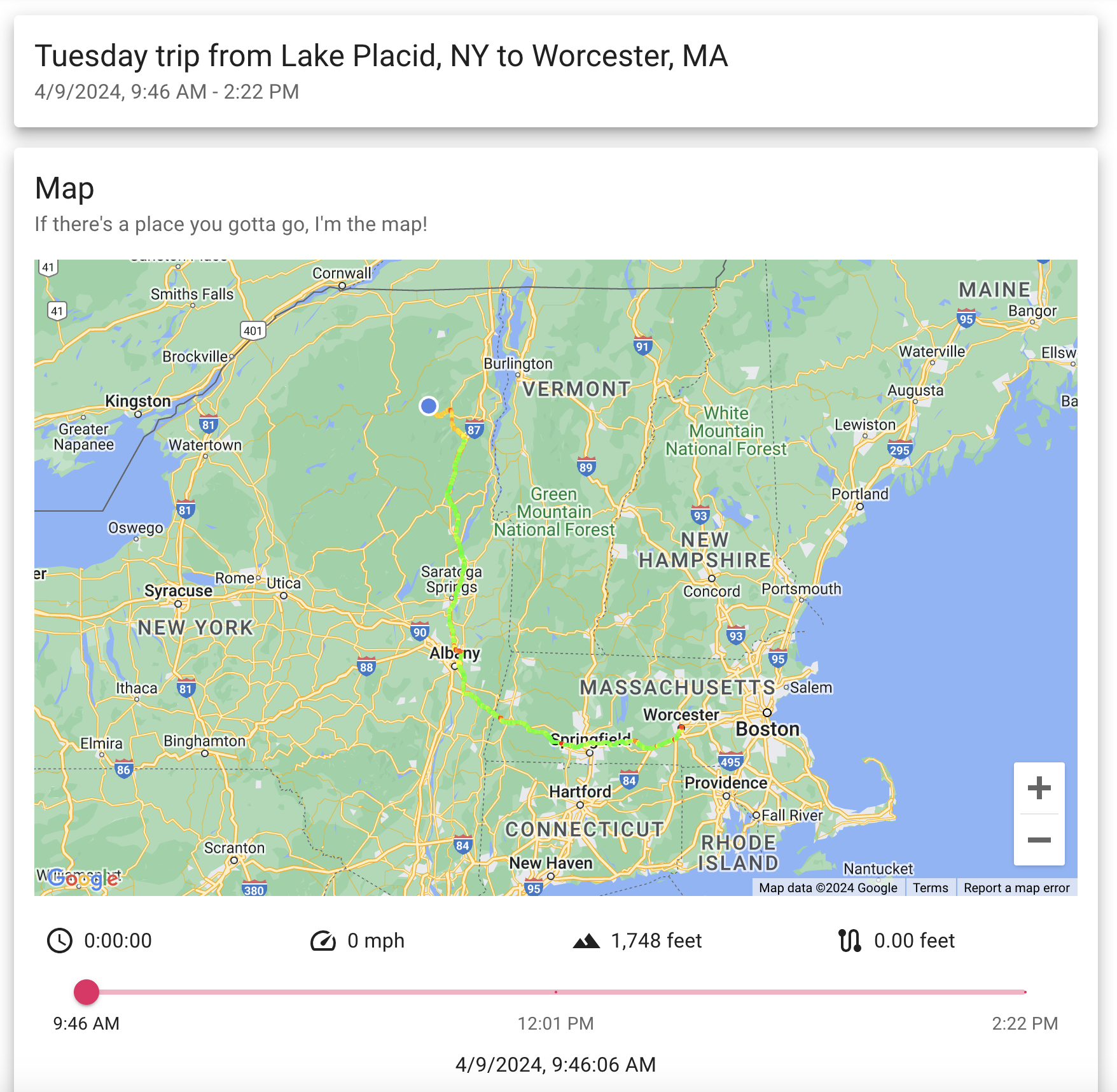 There are two Lesburu Analytics trips I want to highlight before closing out - and this is my second favorite one. This is the trip I took from Lake Placid to Worcester after seeing the 2024 Total Solar Eclipse - a drive that was 268 miles long, to