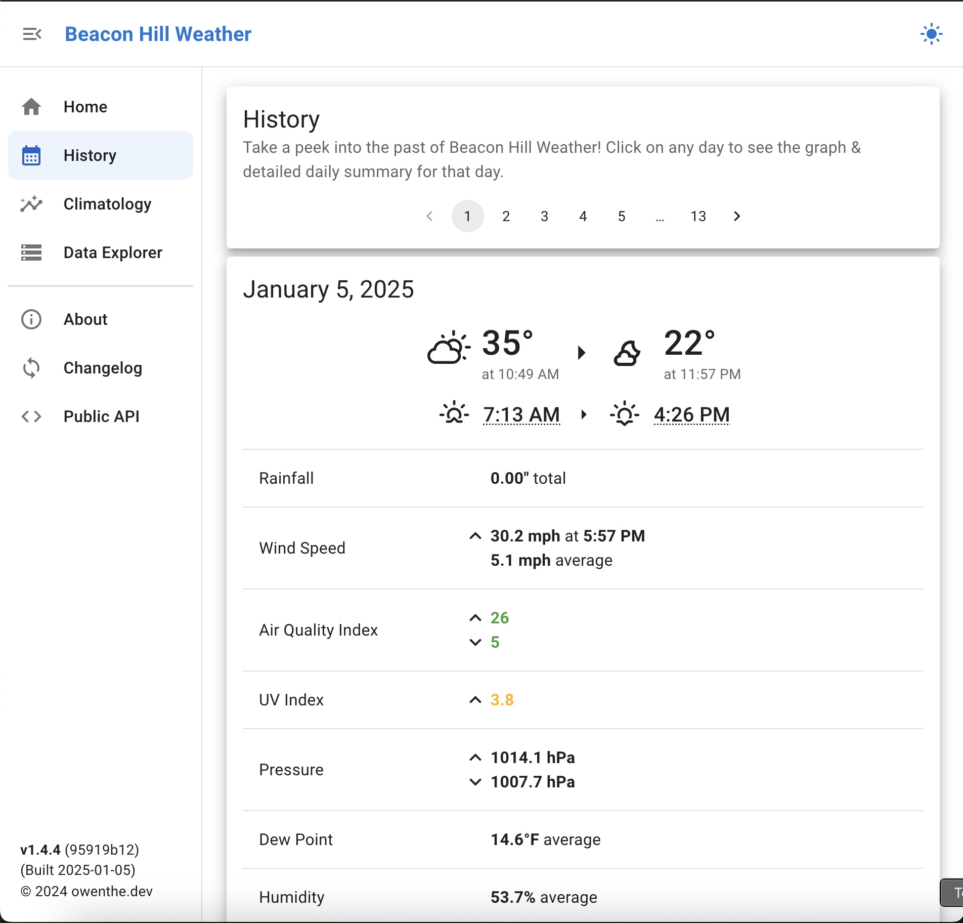 Next up on our big tour of Beacon Hill Weather is the history page! Oh, and you can open the sidebar to get a full description of each page, along with version information. The history page is meant to show a day-by-day summary of what Beacon Hill