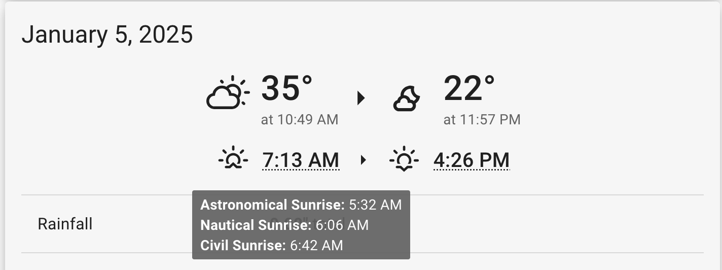 Before we hop into the history page, one more mention. If you hover over any sunrise or sunset time, you’ll see the astronomical, nautical, and civil sunrise times displayed in a tooltip. Very nifty!