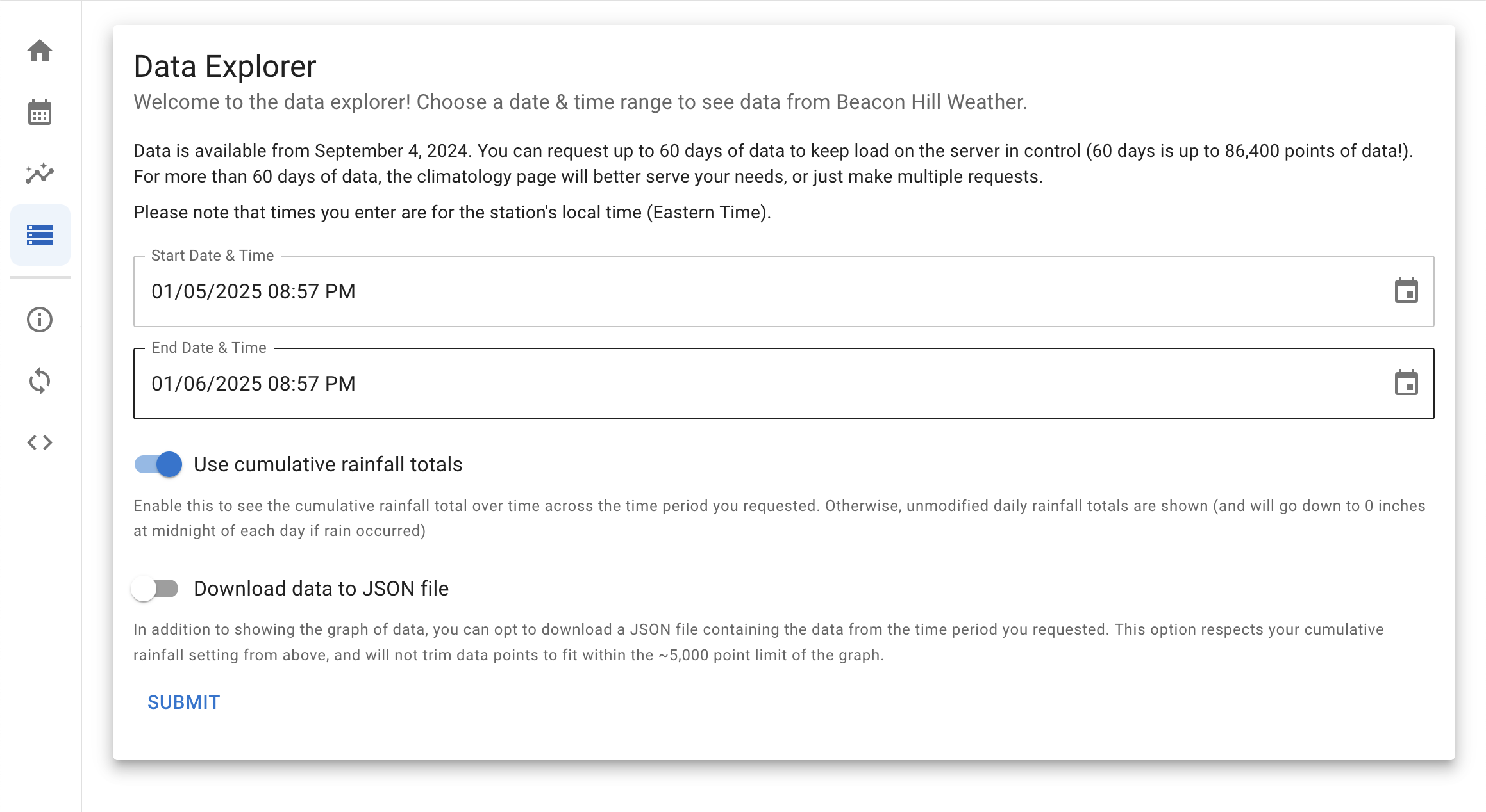 Next up is the data explorer page! I hope you still like graphs because we’re not done with the graphs just yet. The data explorer page is made to get into the weeds with Beacon Hill Weather’s data, allowing any user to query up to 60 days of data