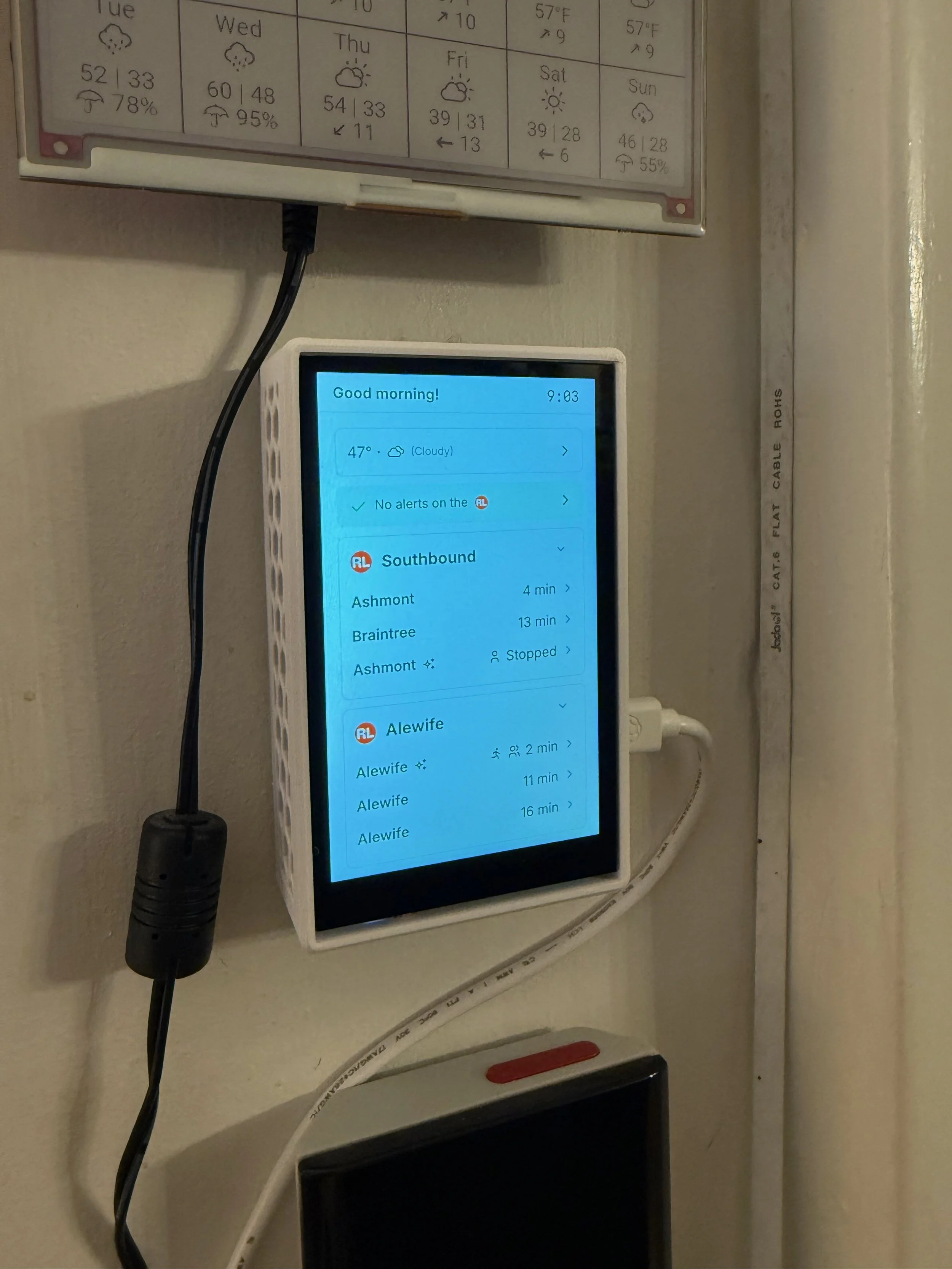  Here it is in the flesh, in the wild, my latest project of 2025, the MBTA Screen. We’ll have a lot more to talk about with the UI/UX, but let’s start with hardware.  The screen runs on a Raspberry Pi 5 with 2 GB of RAM, and the screen is a Pimoroni 