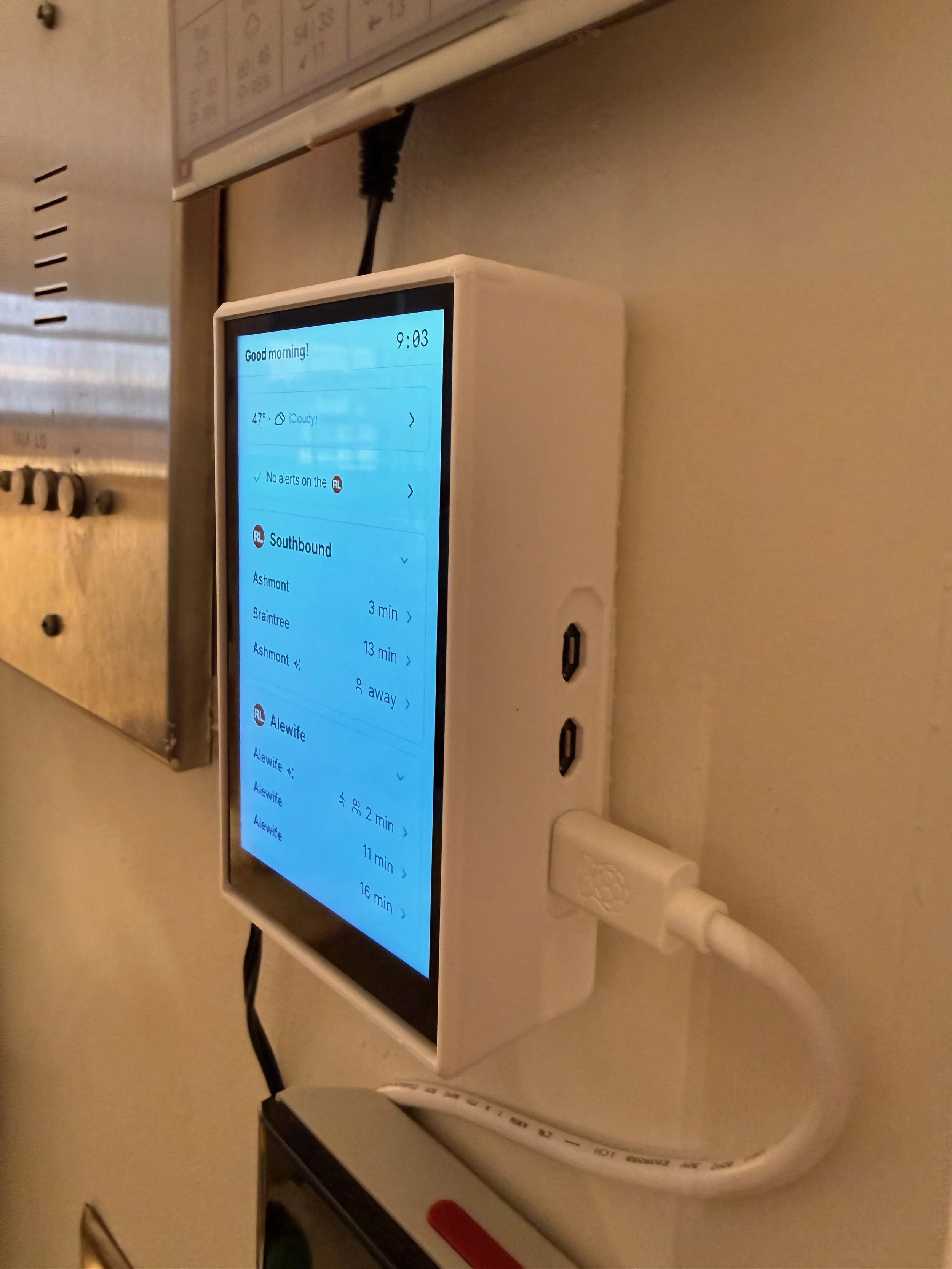  Here’s a side profile of the MBTA Screen hardware package.  There isn’t much to talk about on the Pi side itself - it’s just a Raspberry Pi running Raspbian Trixie with the Pi Desktop enabled. Enabling the Hyperpixel is as easy as adding a dtoverlay