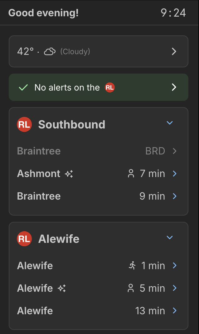  Folks - here it is! You’re looking at a screenshot from a new stack of software that I’ve made. Since the MBTA Screen is just a React website, I can capture everything on my laptop. If you have a wide screen, now is a great time to reduce your windo