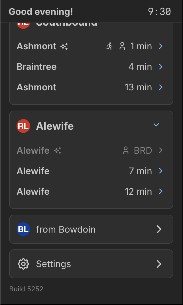  Below this are two more buttons - showing departures from the Bowdoin Blue Line stop (down the road from me), and the settings page which we will talk about later! 