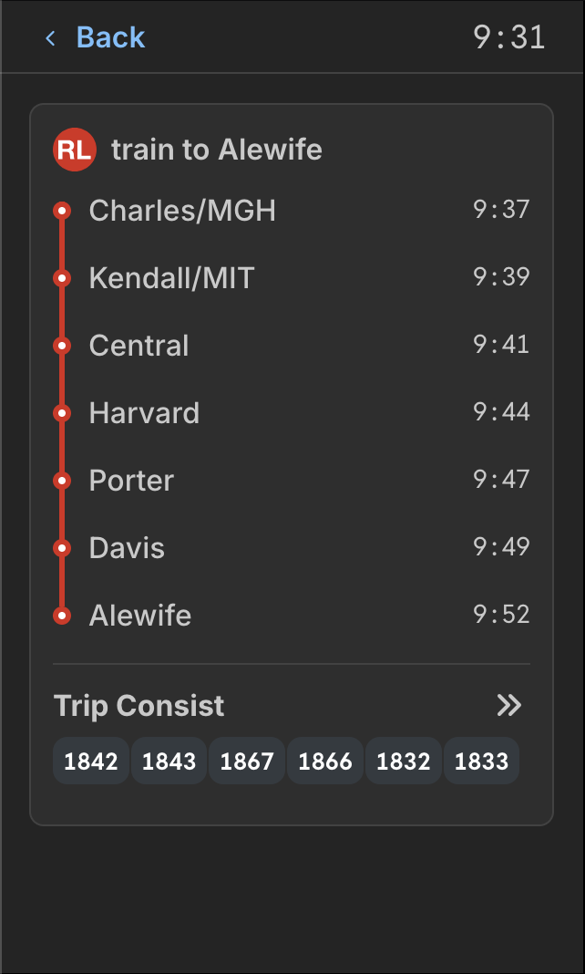  Coming back to the main screen - clicking on any Alewife-bound train shows the full timeline of the trip with all the stops, plus the trip consist (which train cars are part of a trip). Since there are no additional connections towards Alewife (tech