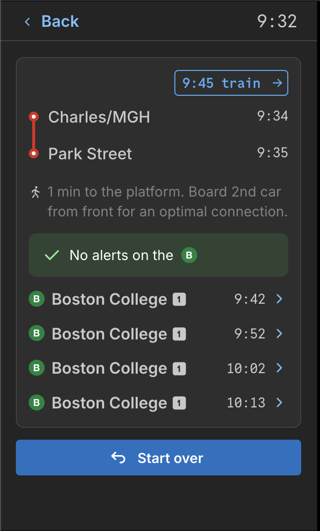  And take a look at that - I can see that with my train arriving at 9:35, I’ll be waiting 7 minutes for the train at 9:42. I can also see which trains come after that - usually 4 trains is enough for single-branch results, but on Boylston → Copley, t