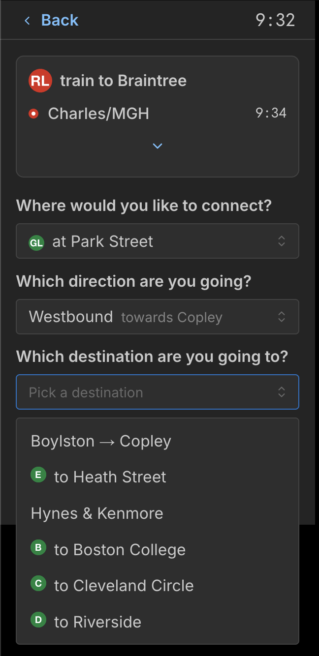  Lastly, the screen asks us exactly where we want to go - with 6 options (4 for the Silver Line)! As a side note, the dropdown on the actual screen would be above the select box - but on my laptop with vastly more screen real estate, it likes to go b