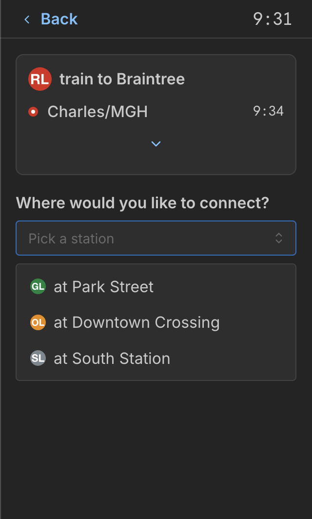  But if you select a train going southbound towards Ashmont or Braintree, you’re presented with this screen instead. The trip timeline is condensed to show 1 stop - Charles/MGH, with a button to drop it down and show the full stop list + trip consist
