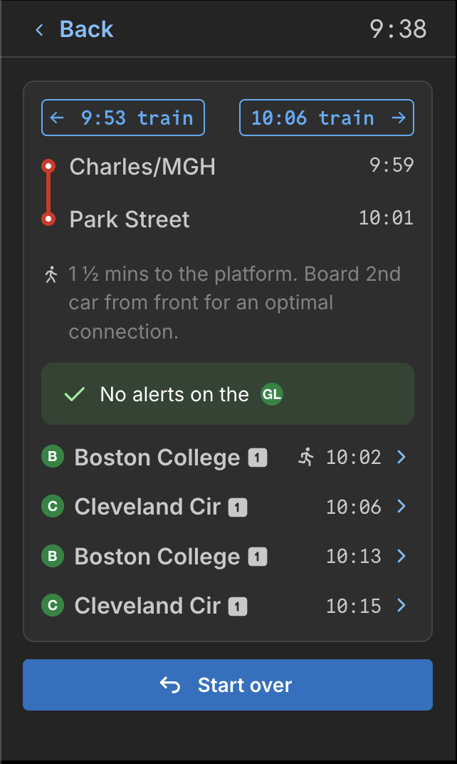  At the top, you can switch between different train departure times very easily - this is good when figuring out if a specific train you want to catch might be served by a later train, giving you a bit more time. In this example, I switched the scree