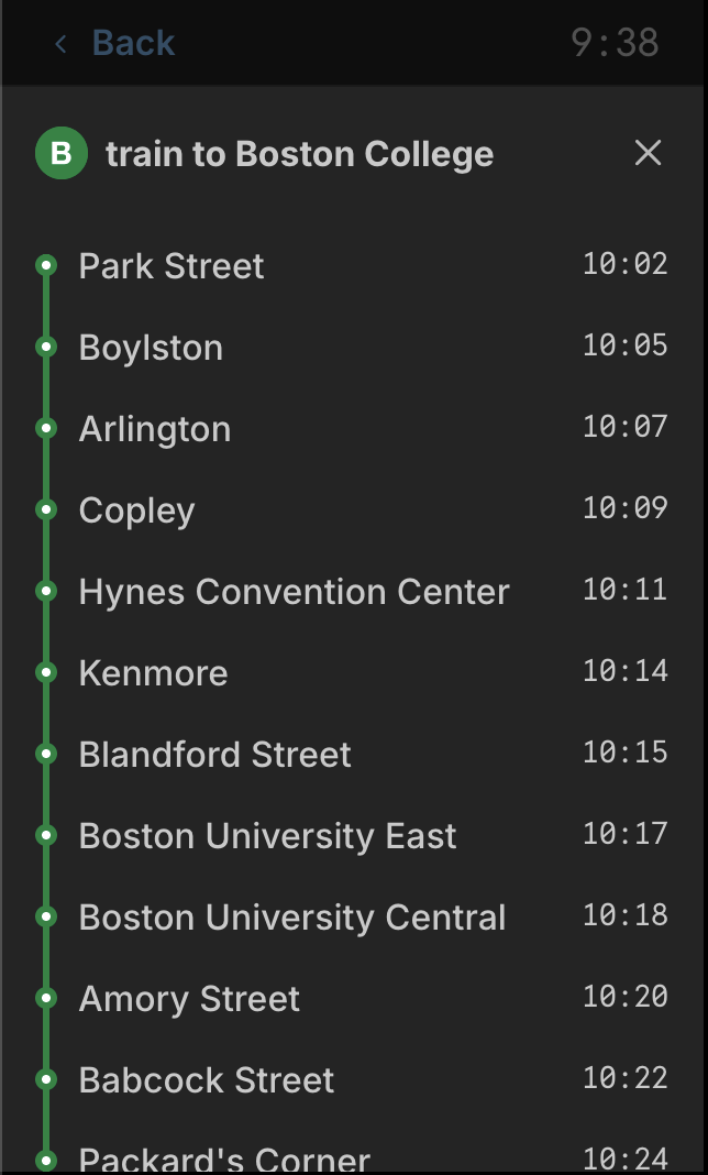  Clicking on the arrow of any train shows you a modal that brings up the same timeline of stops and when the train will arrive at that stop. If you know what stop you’re getting off at &amp; the walking distance to your destination, you can effective