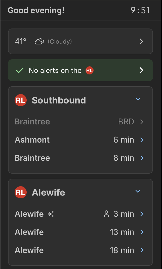 And then you get to the train departure times. Lots going on - but everything is pretty simple when you look at it. The format of the display tries to mimic the MBTA countdown clocks as closely as possible - including showing ARR/BRD when a train is