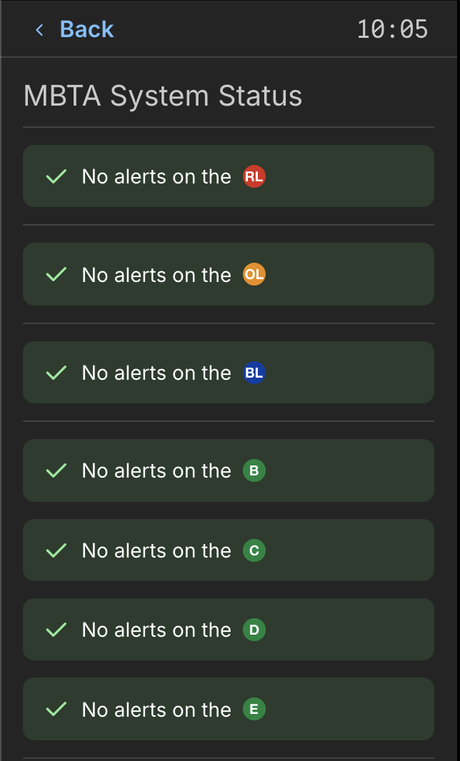  And here is the full MBTA System Status page - which shows alerts for the Red, Orange, Blue, Green, and Silver Lines (SL is not pictured here, but it’s okay, it’s fake BRT anyway).  Of a note - the Green Line actually has 4 logical routes the MBTA u