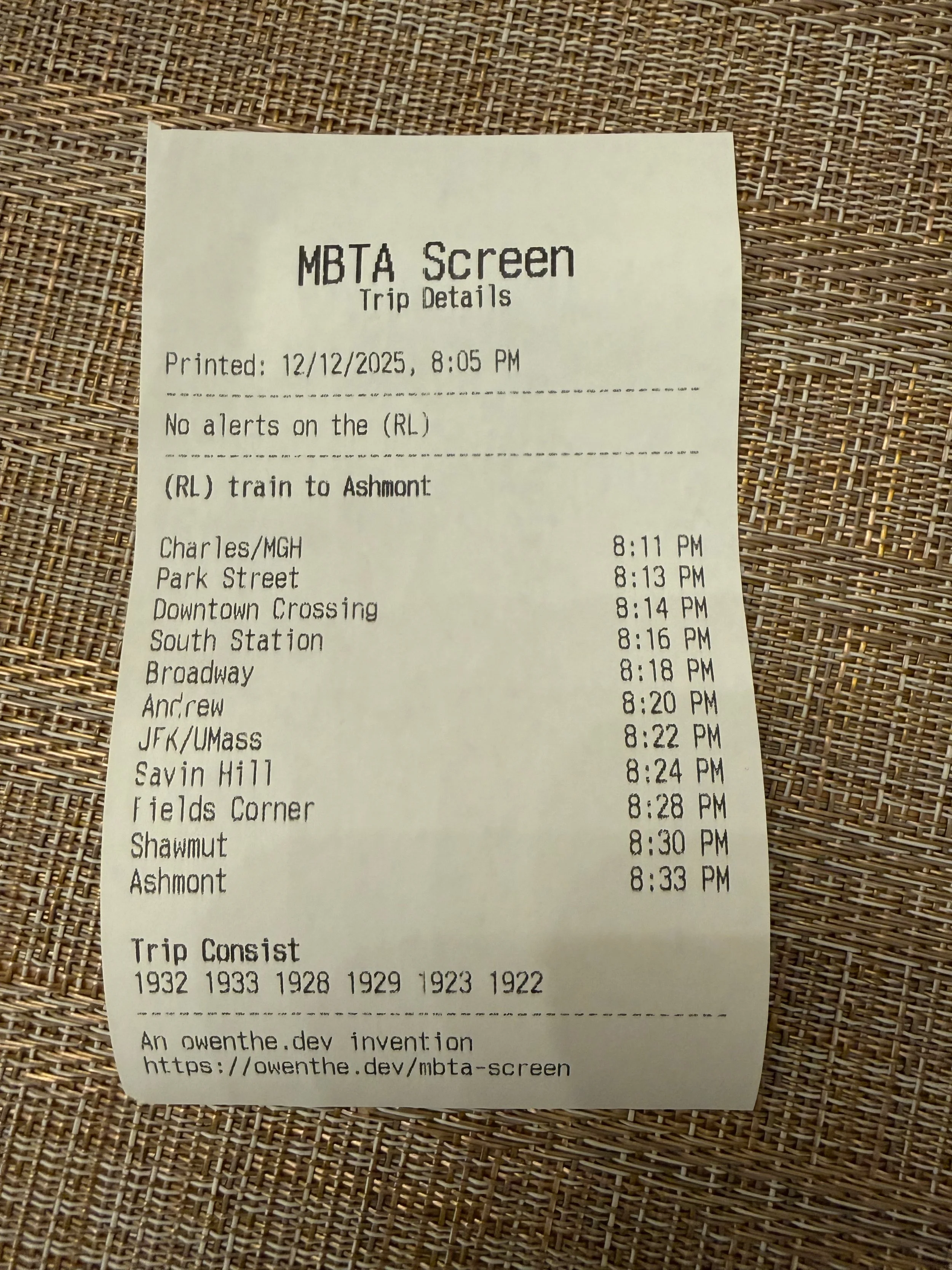  Here’s the first type of printout you can receive, which shows the details for a Red Line train. The paper shows when this was printed, alerts (if there are any), the arrival time at each stop, and the trip consist. The paper also has some shameless