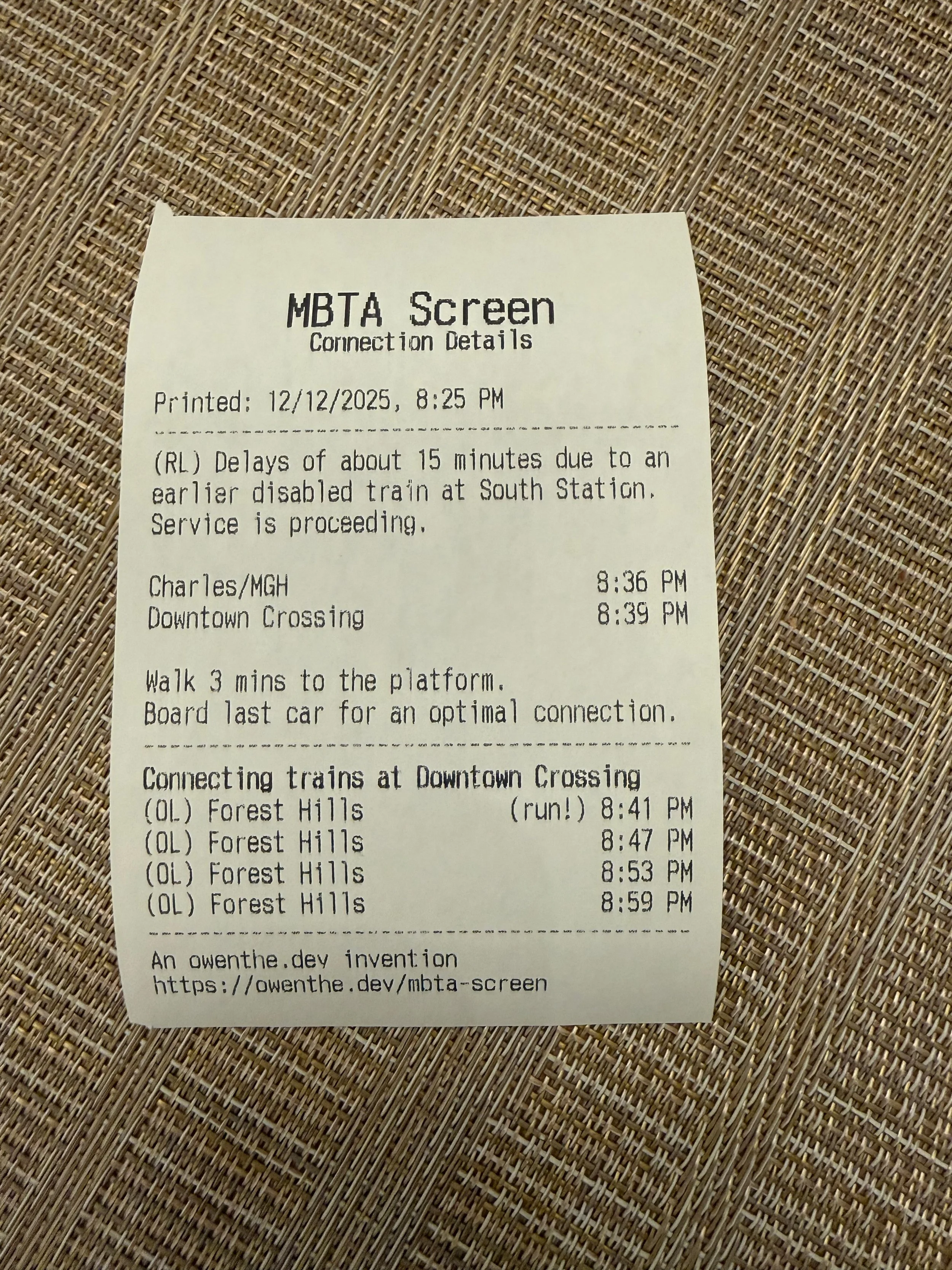  Here’s the printout for the connection screen without a train selected. Most icons don’t transfer over to the printer, but the one I did transfer was the run one (because that is information you should know!) 