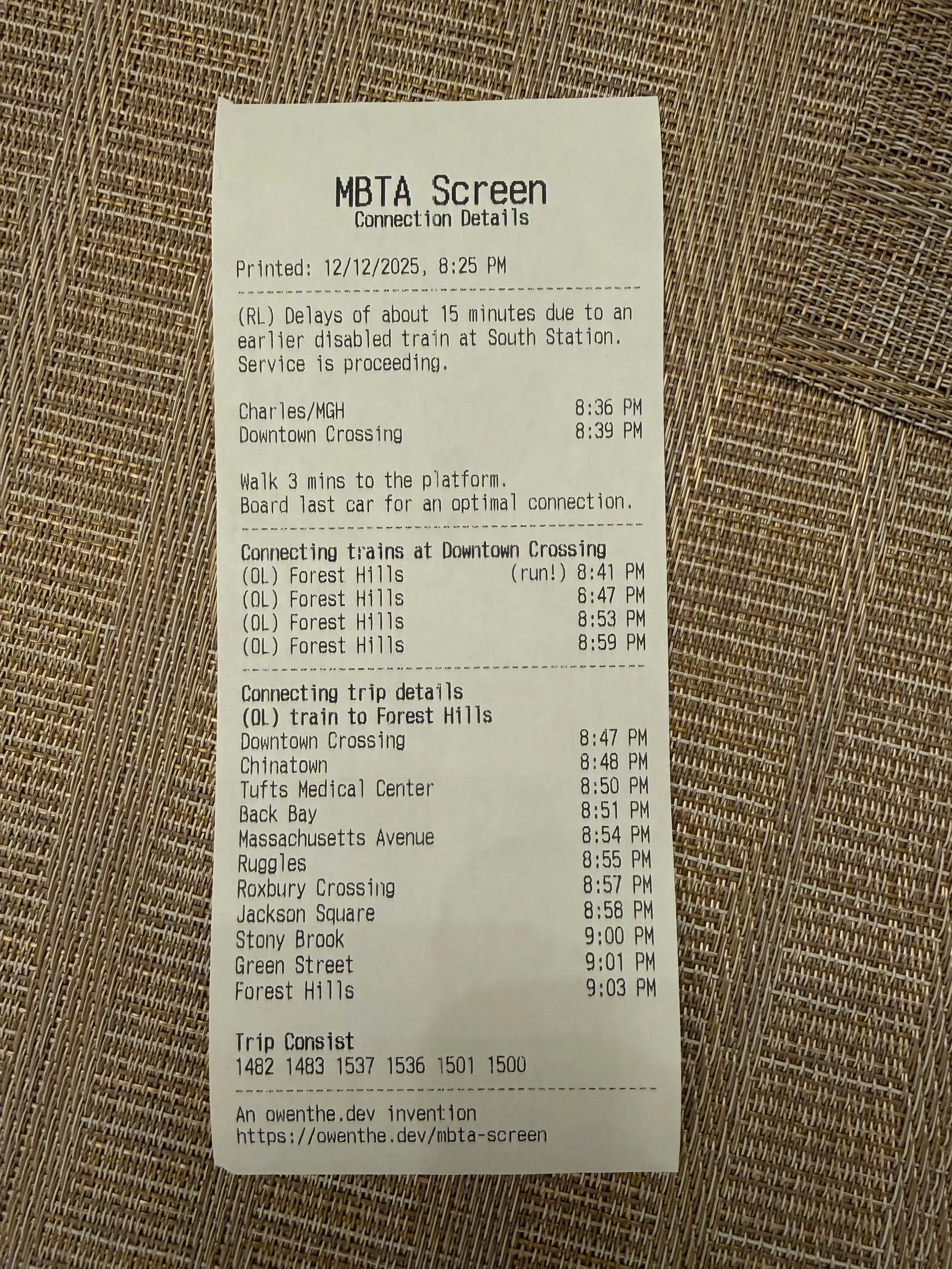  And then finally, if you do select a train in the connection screen, at the bottom of the modal you can print the trip + connection details just like this. These are the longest printouts you can make, but give the most information possible. It comb