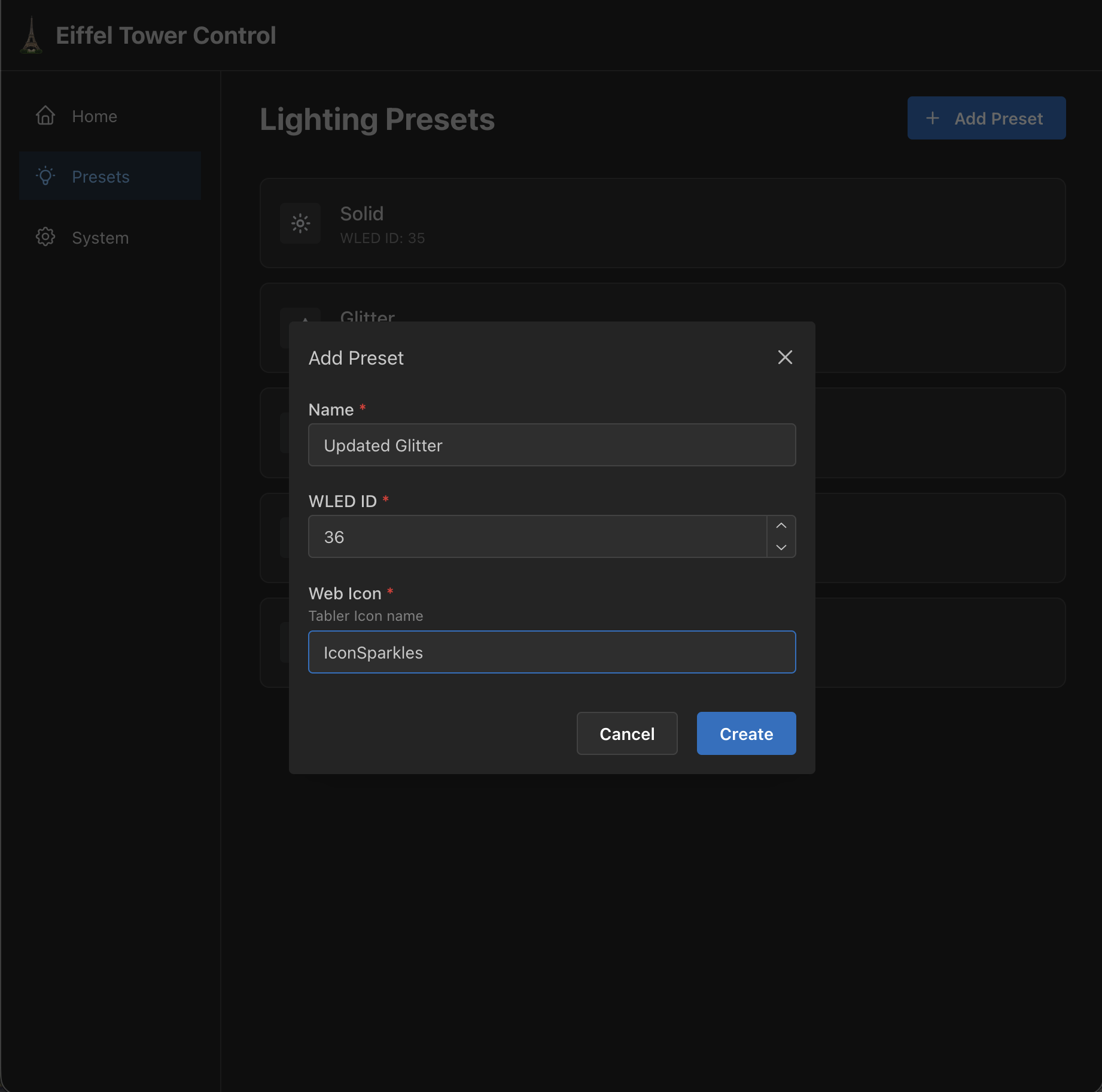  This is what the modal looks like to add a new preset. It’s very similar for editing a preset as well. 