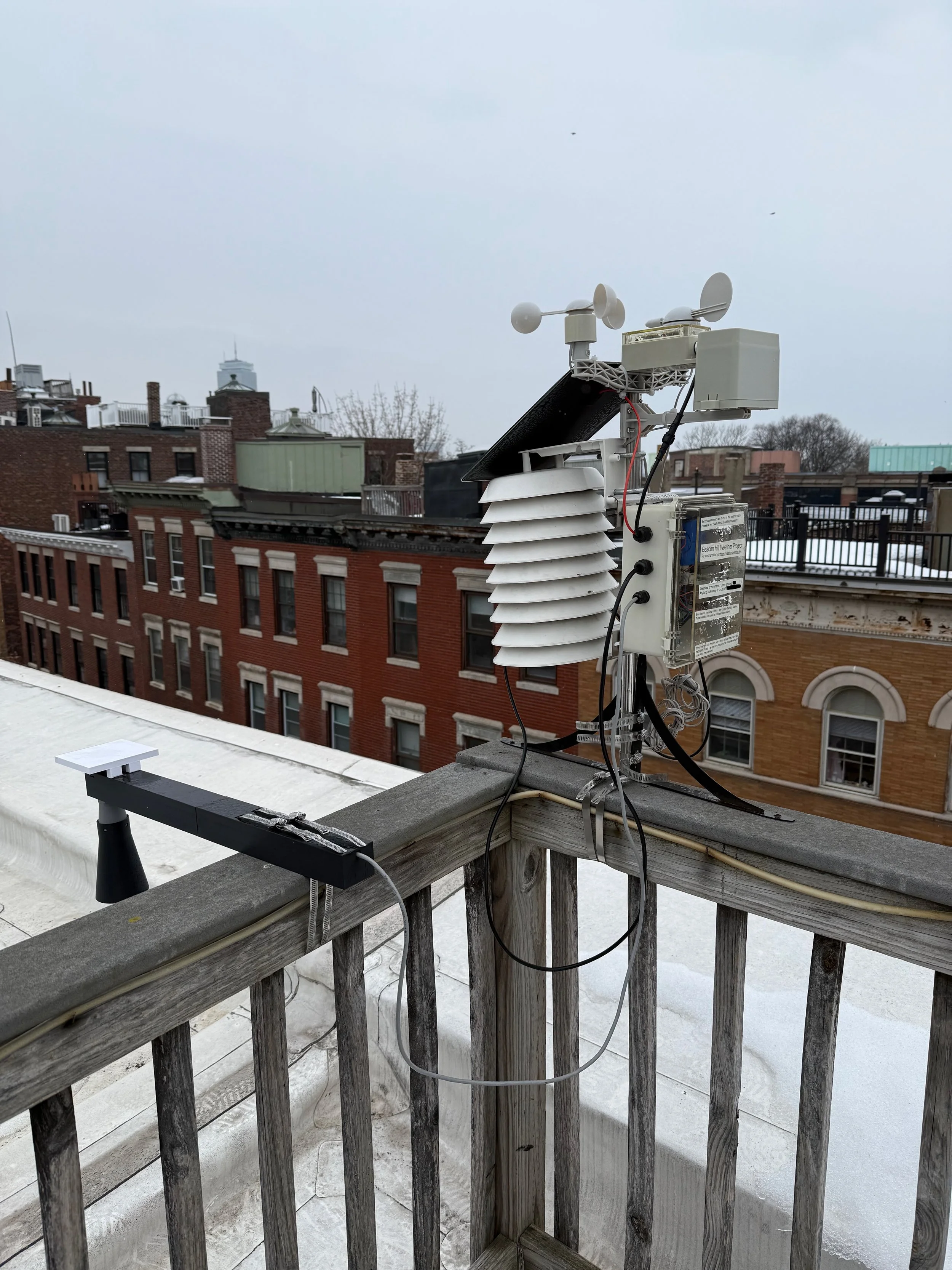  Here is your first look at Beacon Hill Weather. The station is based off of SparkFun’s Weather Kit, which includes the anemometer, wind vane, and rain bucket. Everything else is hardware I put on the station over time.  The station is mounted on a p