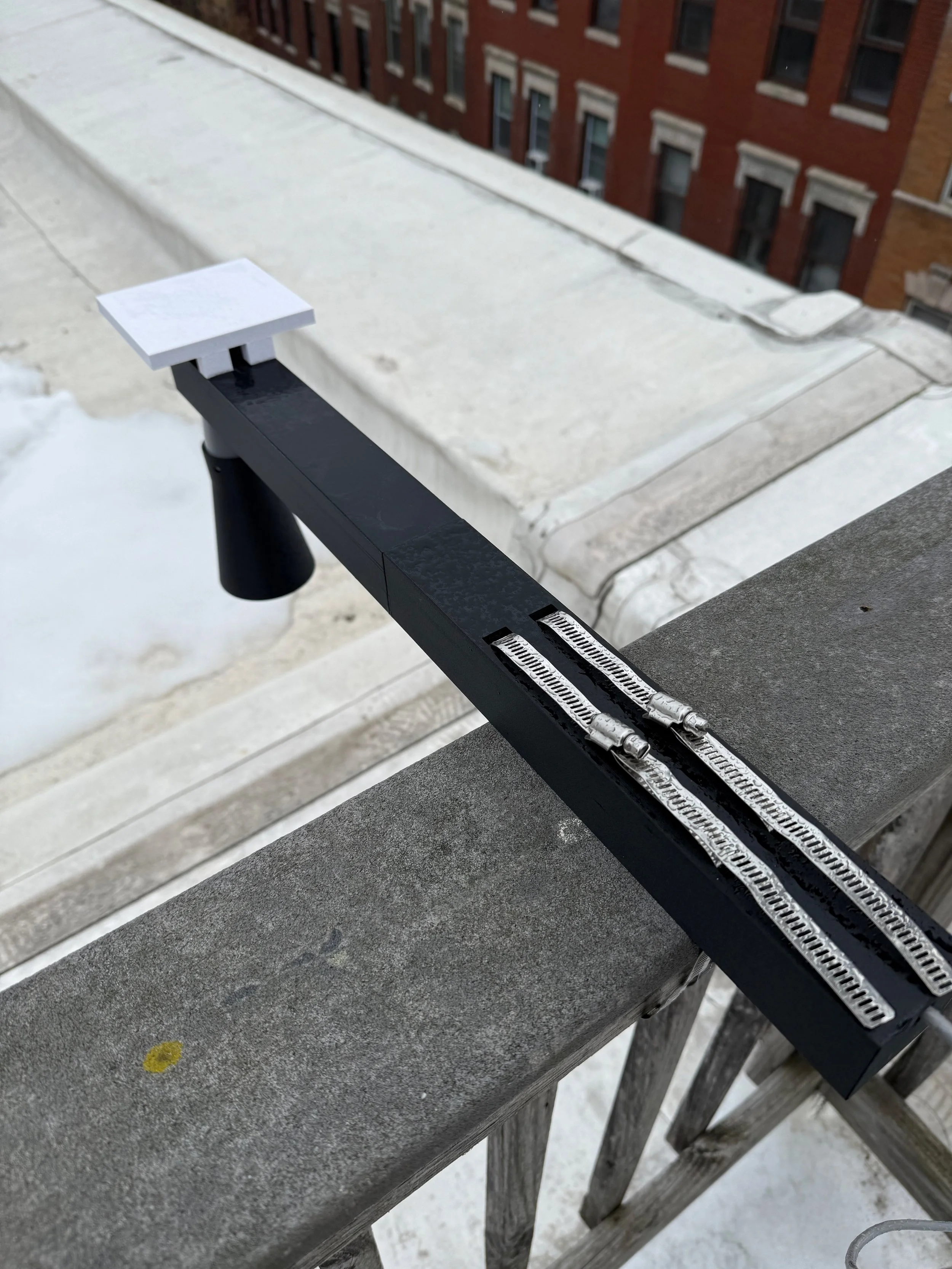  Before taking a look at the main station components - I want to briefly focus on the snow depth sensor and bracket, which is a recent addition and was (finally) completed in February 2026.  The sensor being used is the MaxBotix MB7374 ultrasonic dis