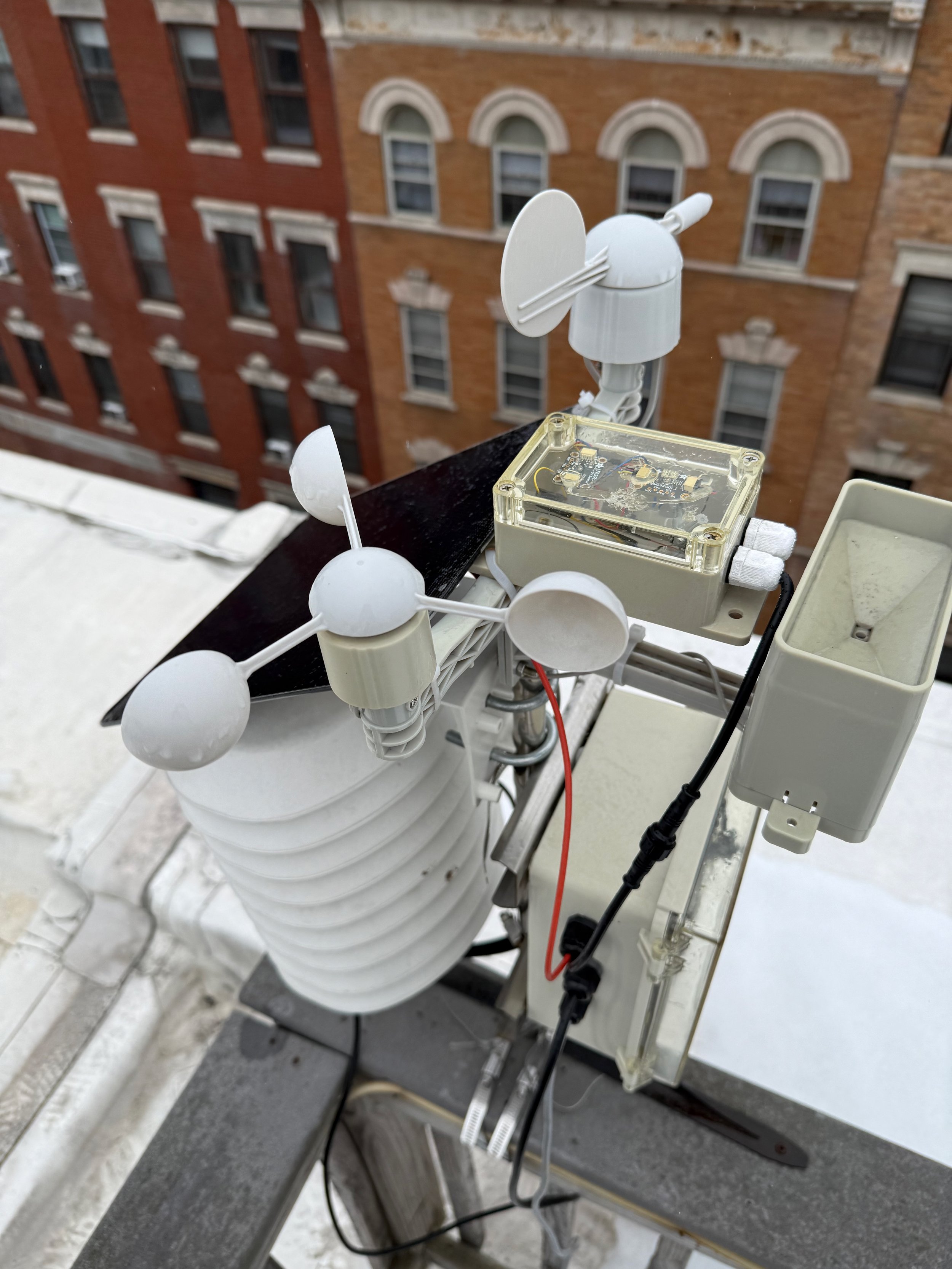  Here is a closer view of the top box where you can see the LTR390 and VEML7700 sensors. They are wired up using I2C, and I got a waterproof, 4-wire cable from Adafruit that allows the GND, 3V3, SDA &amp; SCL lines to neatly integrate with the box.  