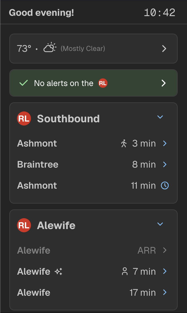  Here is the home page of the MBTA Screen! There’s lots to discuss.  At the top of the screen is the persistent status bar that shows the time and a little message on the left. You’ll quickly see that this disappears to a back button on other pages. 