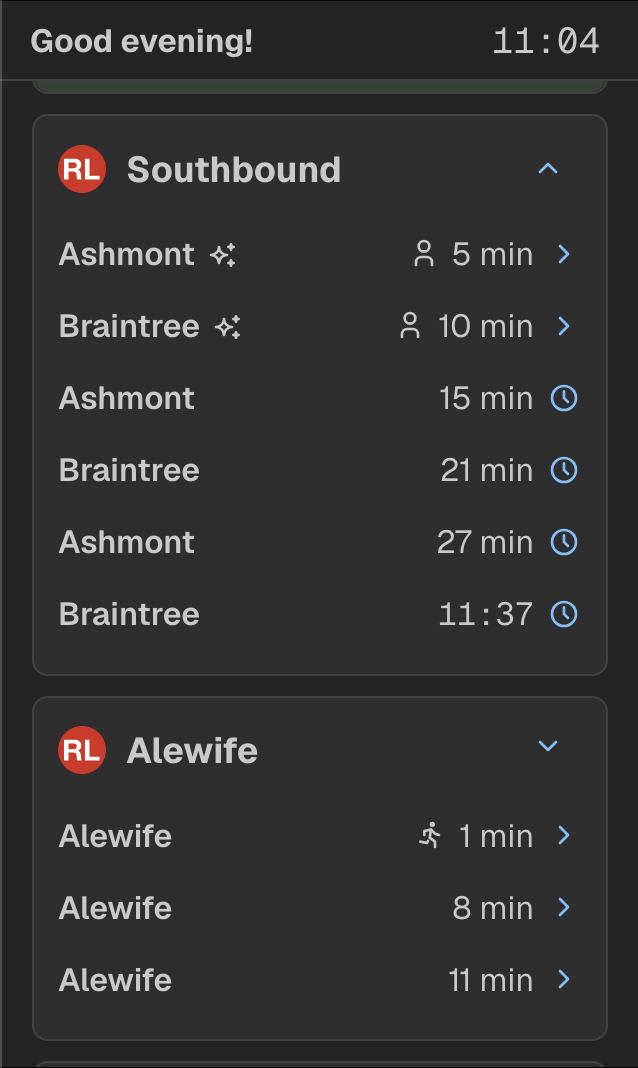  As promised - this is how the UI looks when expanding the departures. When a departure is more than 30 minutes away, I opt to show the time of departure rather than minutes. It’s an interesting UI design that, in a way, lets you know this train is s