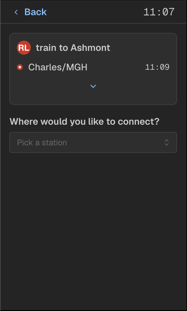  So what happens when you click the little chevron next to each prediction? You reach this page! For southbound trains that you can connect with, you see an option of where you would like to connect, and a button to show the full trip schedule with a