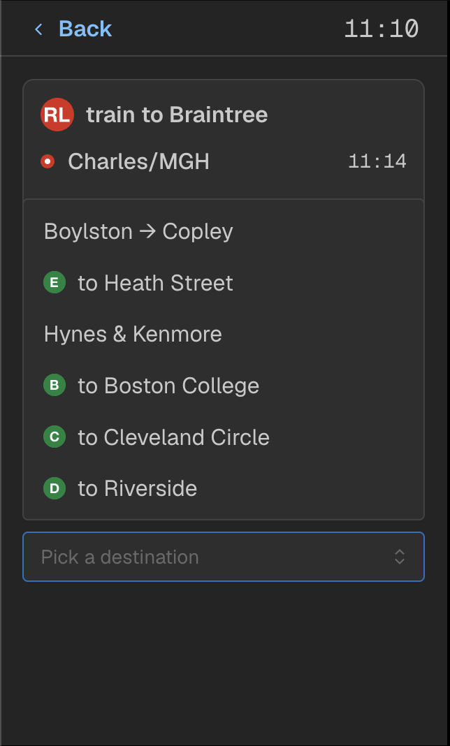  Lastly, the screen asks you whereabouts your final destination is. For westbound from Park Street, this is split into 6 segments based on the 2 trunk segments (B/C/D/E, then B/C/D) and 4 branches. For this example, I will choose Boylston → Copley, l