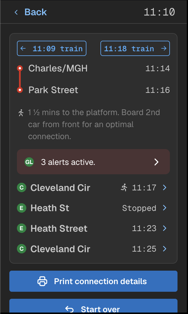  The connections appear! At the top: you’re shown the time the train is leaving, and when it arrives at the connecting stop. You can also switch between different trains to see how your connection is affected if you were to catch a later (or earlier)