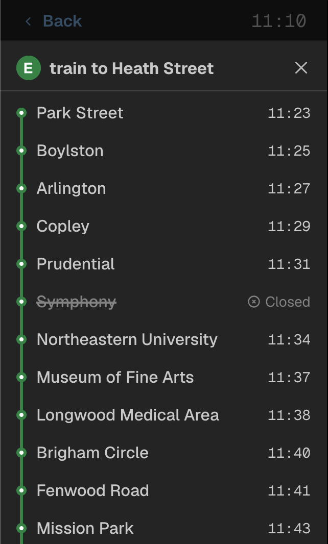  Clicking the chevron (or clock if it is a scheduled departure, you can do scheduled connections on scheduled departures!), the same trip timeline shows up with all the stops and when the train arrives. This also shows you closed stops, RIP Symphony,