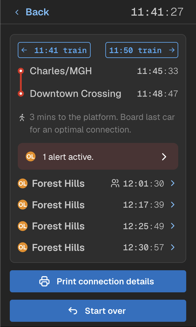  Seconds mode is extended across the UI: it shows up in trip timelines and the connections page. And this page is a cool example of the different walking times + car to be in on the train. 