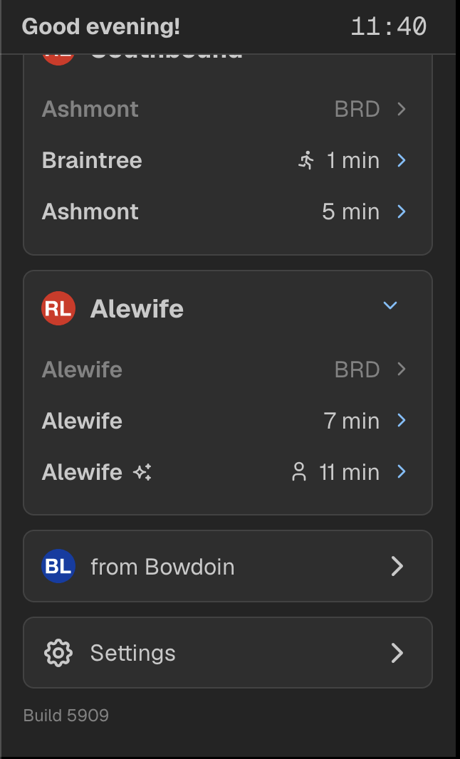  Scrolling down the page a bit, you’ll see two more links at least for my version: predictions from the Bowdoin Blue Line station and then the settings screen (along with the build number). The extra links for stations can be customized - for instanc