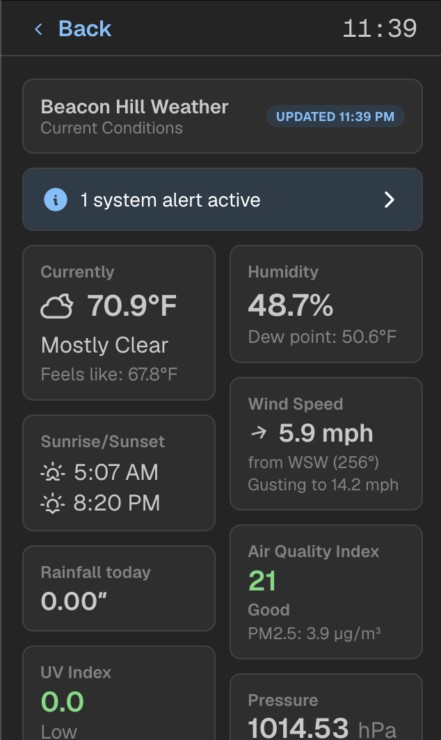  Coming back to the weather screen - this was recently redesigned from the awful mess that it was before and it looks so much better. A nice two-column layout with tiles that are slightly inspired by Apple Weather are shown for all data points visibl