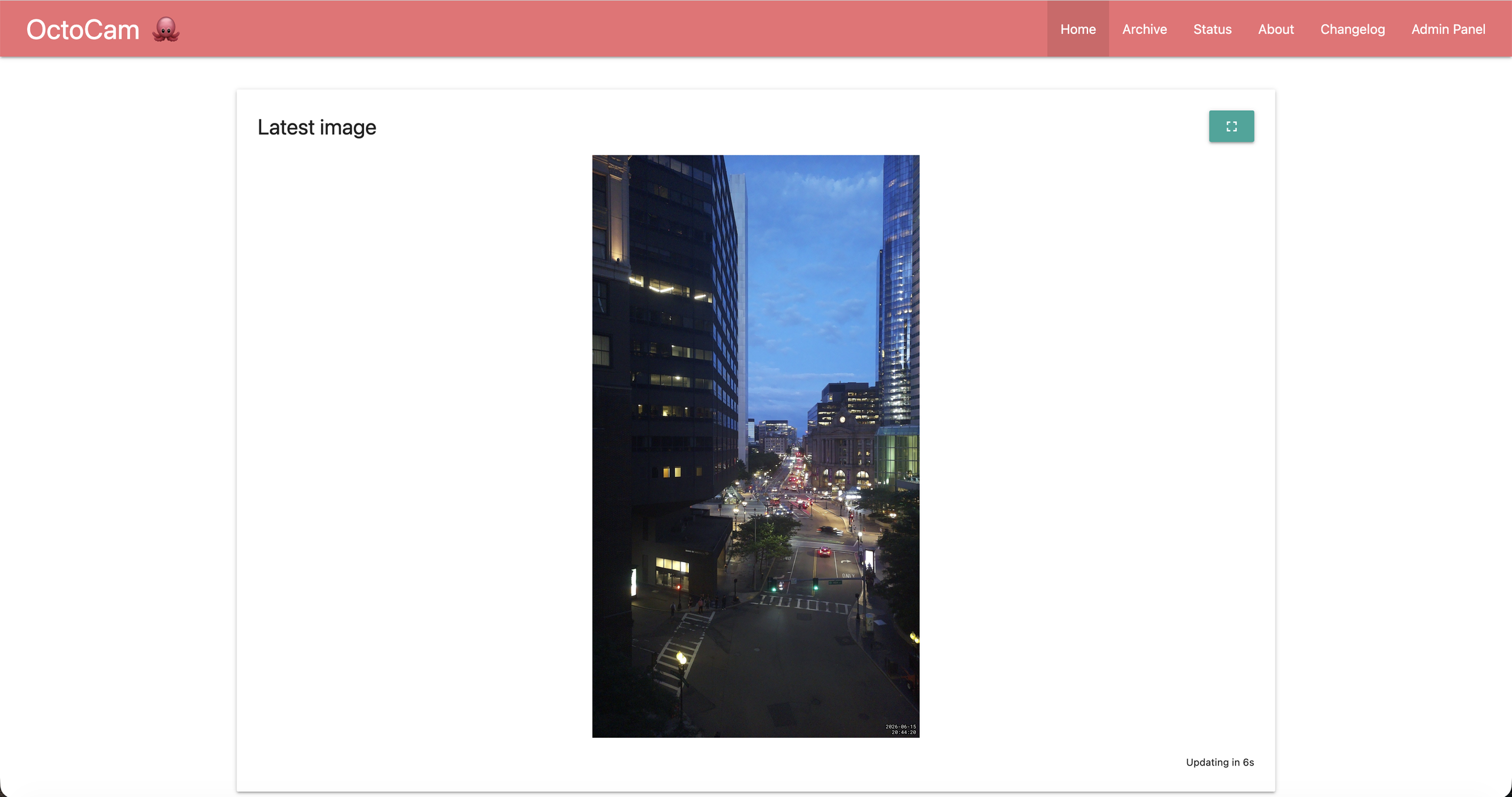  This is the OctoCam homepage! When you first visit the website, you’re greeted with the latest image that OctoCam captured, along with a navbar at the top so you can navigate all the various pages on OctoCam. The current page you’re on is highlighte