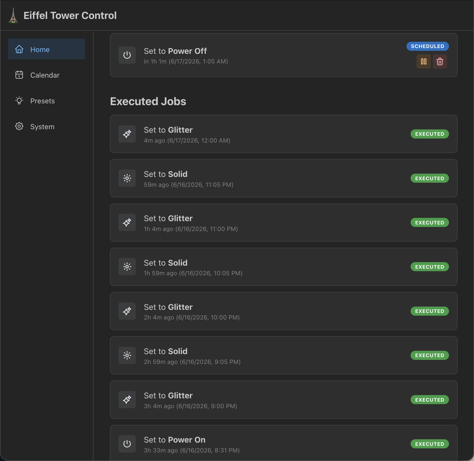  Scrolling further down, all completed jobs for the evening are listed and their execution status. The badge will change if a job was paused at execution time, if it failed outright, etc.  On the backend, there are two time fields for each job: when 