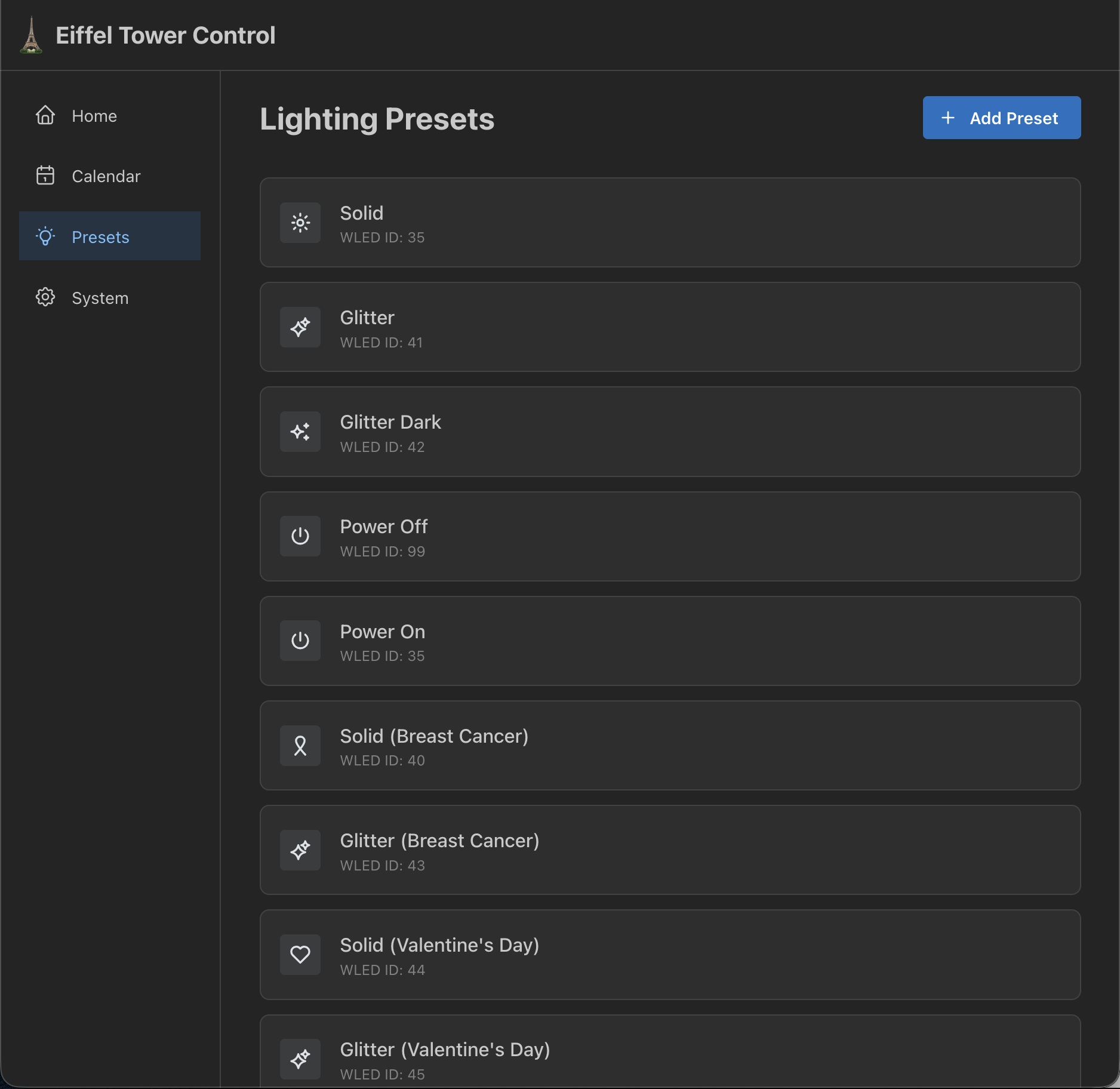  Next up is the lighting presets page. This page doesn’t get much use as it basically lists all the system presets, and in theory allows me to create a custom preset entry to map a WLED preset into Eiffel Tower Control. Unfortunately, this gets almos