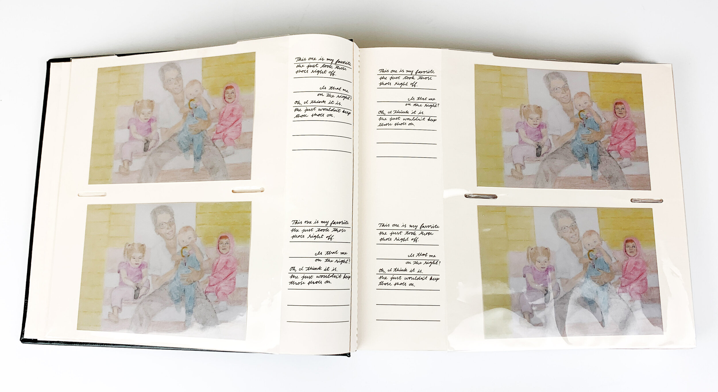  Claire Harkins, Grandma’s Photobook, Colored pencil drawing on photo paper, Pen, 8x 10” (when closed) or 8x 21.5” (when open) 2020. 