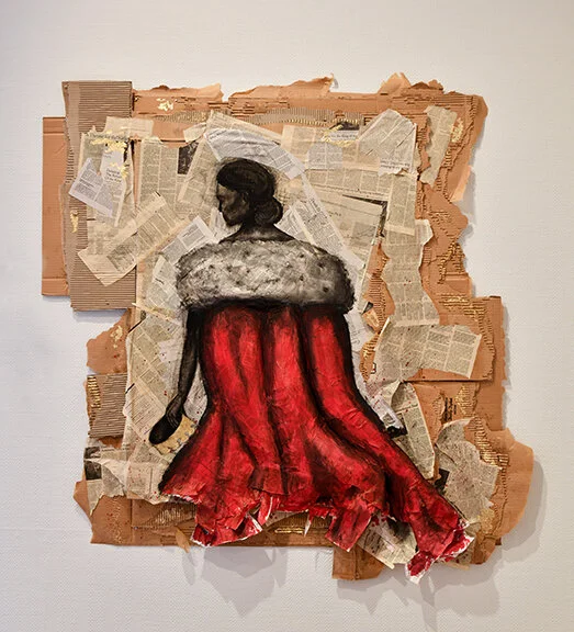  Zoë Scully,  Dethronement , Cardboard, Paper Mache, Charcoal, Gold Leaf, 2021.  