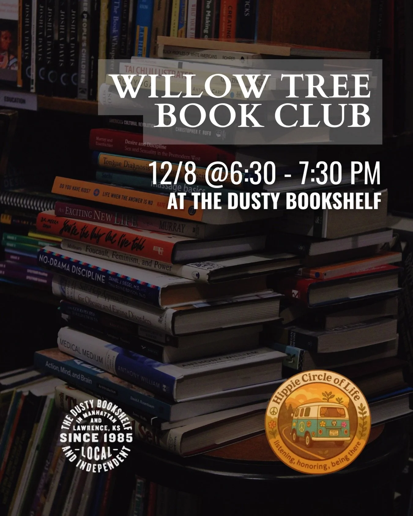 📣A quick reminder that the Willow Tree Book Club meets this Monday, December 8 from 6:30&ndash;7:30PM here at The Dusty Bookshelf.
Hosted by Hippie Circle of Life, this monthly gathering invites you into a gentle space where stories support healing,
